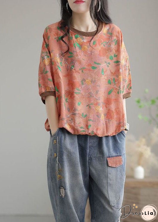 Vintage Orange O Neck Patchwork Cotton T Shirt Top Summer