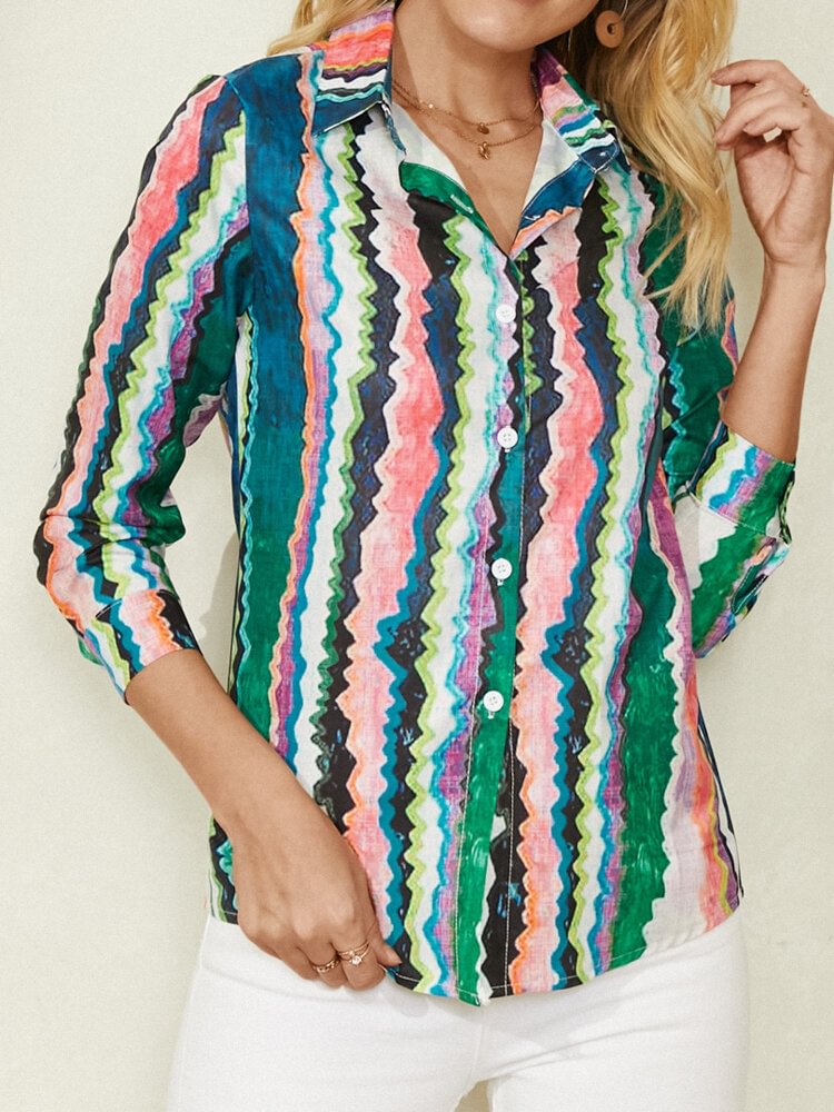 Women Multi color Stripe Print Button Lapel Long Sleeve Casual Shirt P1805980