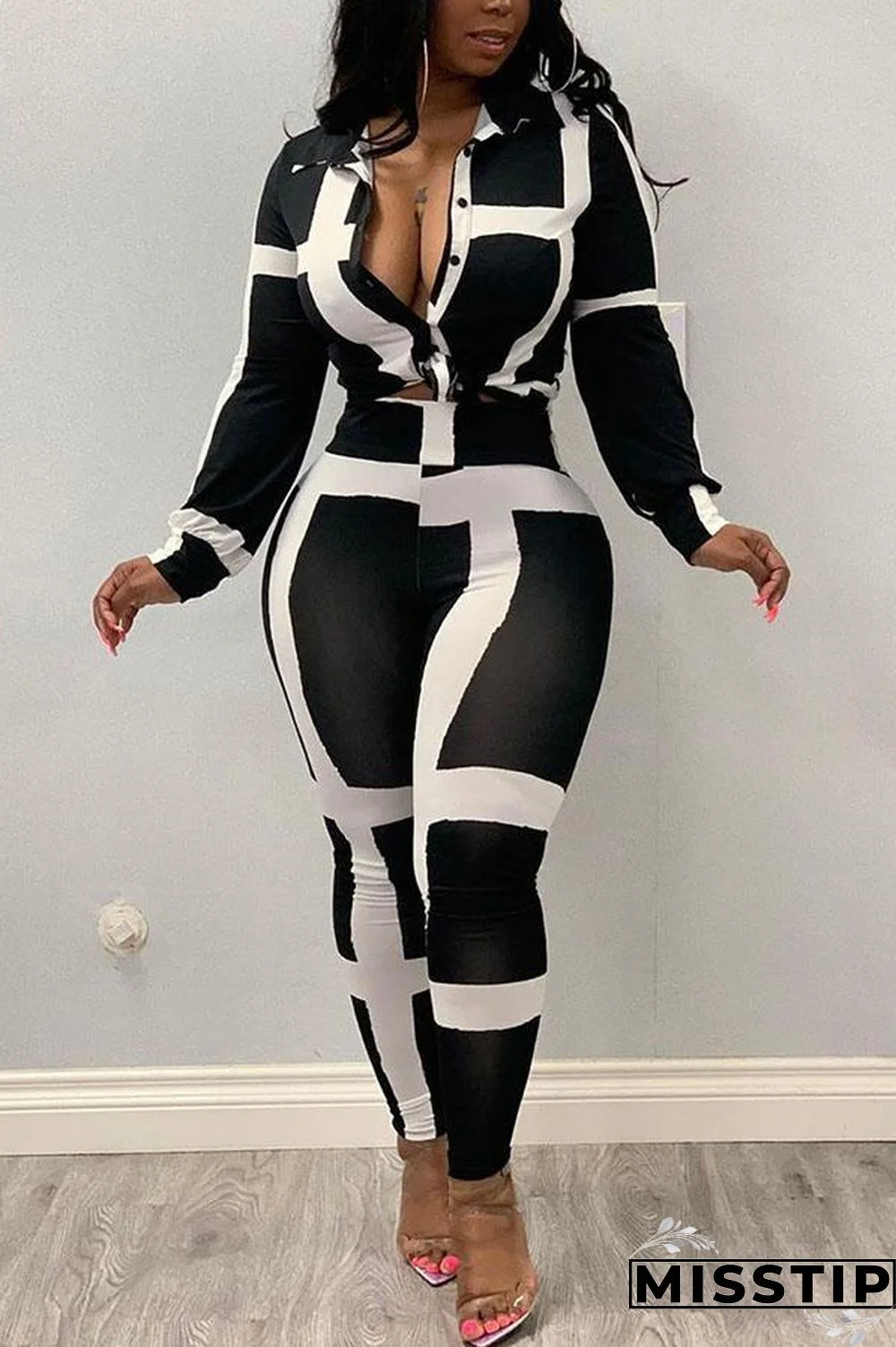 Black and white Casual Striped Two Piece Suits Print pencil Long Sleeve