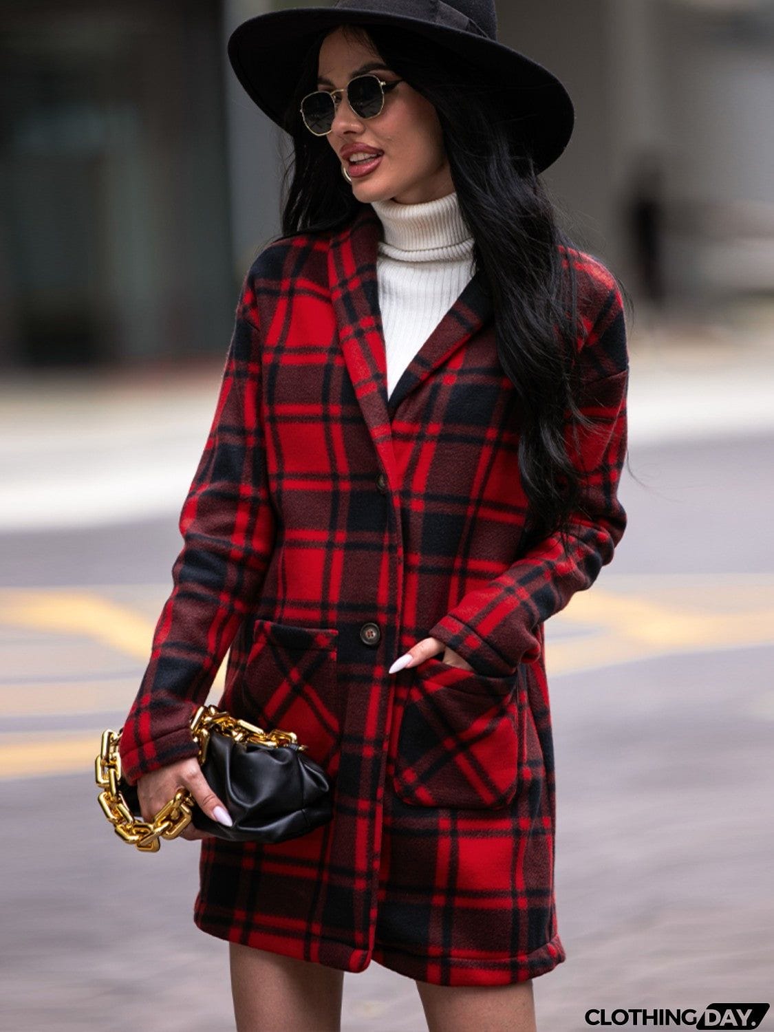 Plaid Shawl Collar Coat with Pockets