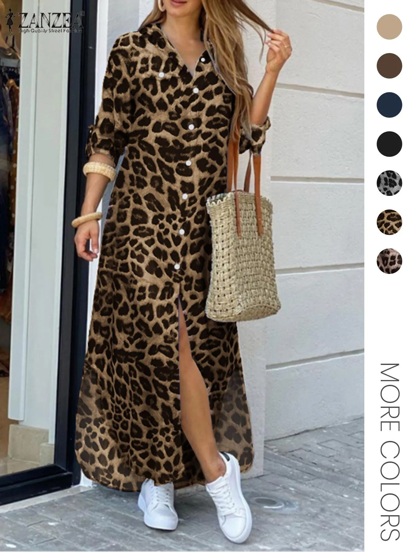 Women's Leopard Print Button Front Flap Pocket Shirt Fabric Dress, Casual Curved Hem Long Sleeve Collared Long Dress for Daily Wear, Ladies' Clothes for All Seasons, Womenswear