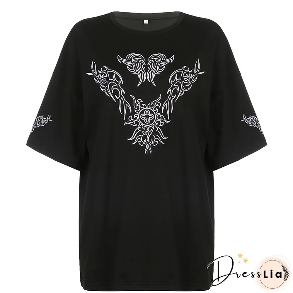 Fashion Oversized Black Long T-Shirts Women Goth Print Aesthetic Grunge Graphic Tees Short Sleeve Tops Summer Clothing