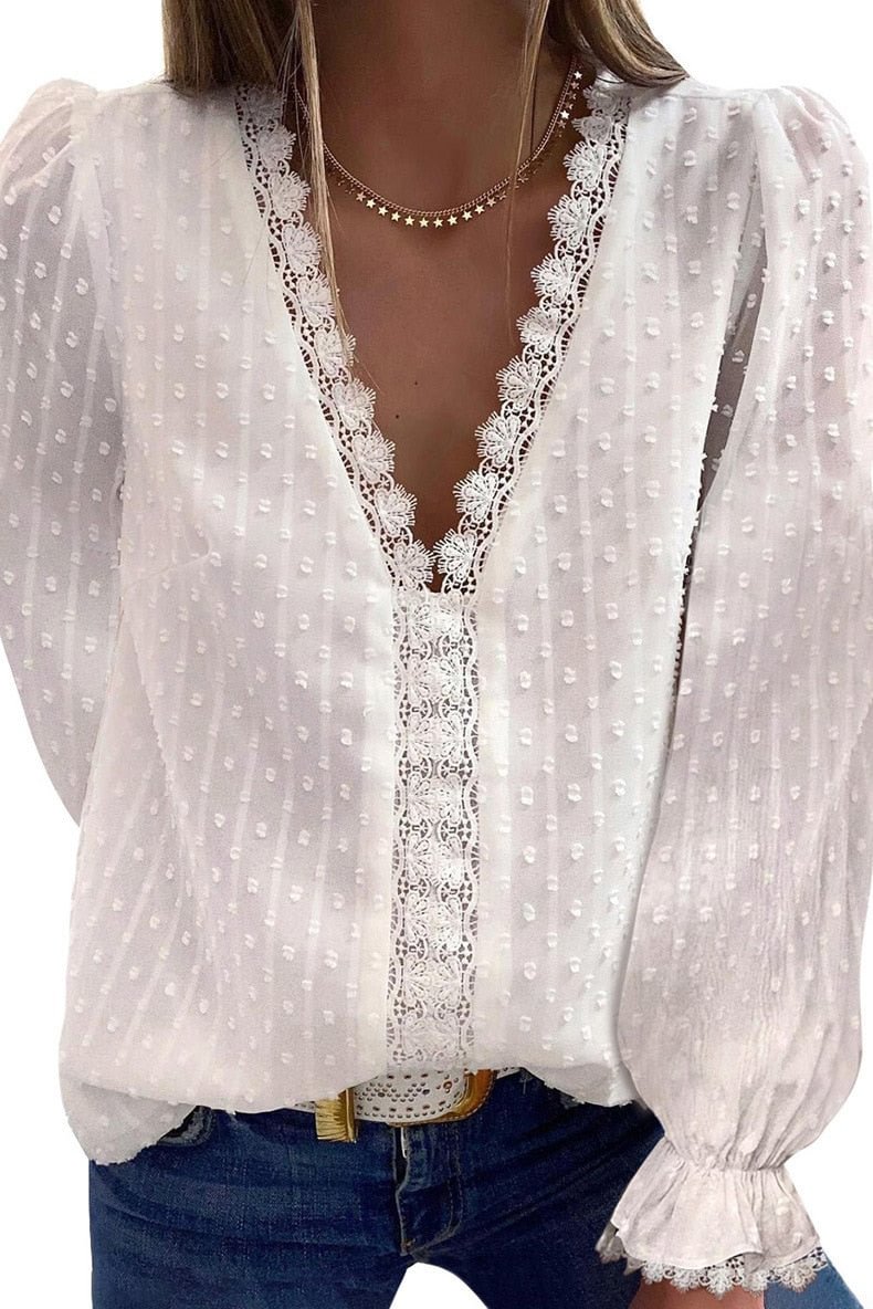 Summer Blouses Women Fashion Lace Patchwork V Neck Long Sleeve Casual Elegant Shirts Tops Office Work Plus Size Chiffon Blouse