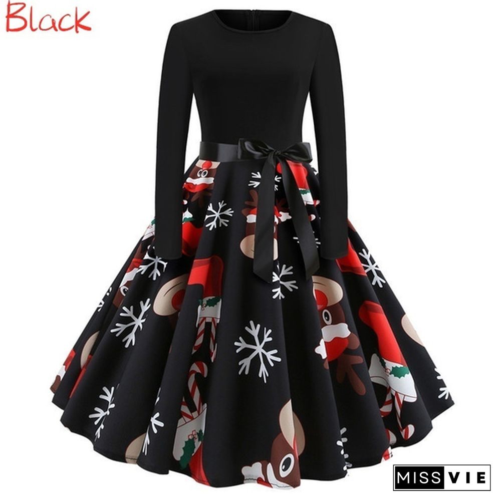 Fashion Women Christmas Swing Party Dress Printing Long sleeve Festival prom belt evening