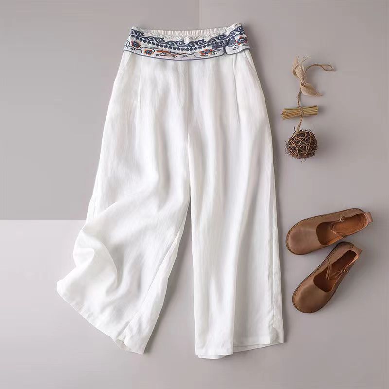 Cotton and linen thin embroidered casual pants
