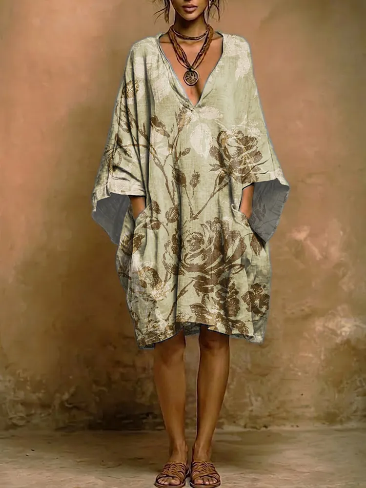 Bohemian-style Vintage Botanical Print Cotton-linen Dress