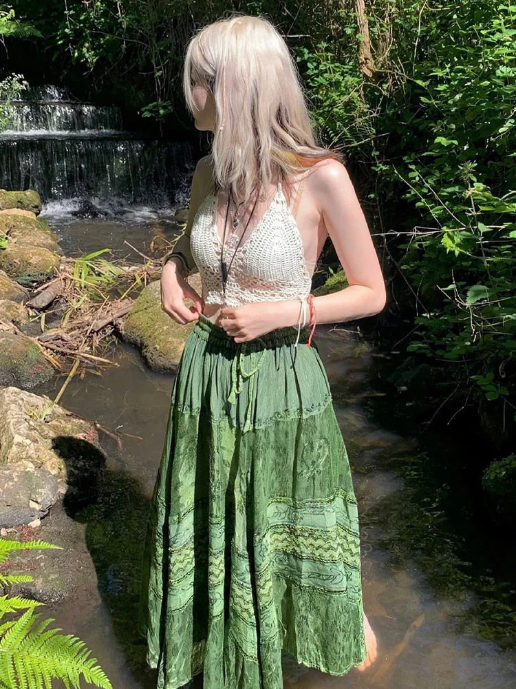Rapcopter y2k Printed Green Long Skirts Retro Kawaii Lace Up Pleated Skirts Grunge Fairycore Boho Beach Holiday Skirt Women Chic