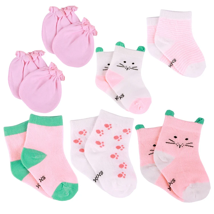 17" - 22" Green and Pink Kitten Socks 5 Pcs Reborn Baby Doll Clothing Accessory Set：Realistic Reborn Baby Dolls By Rsgdolls®