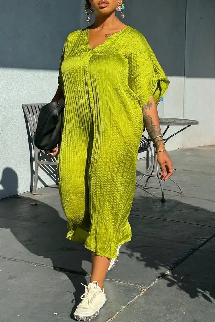 Plus Size Vacation Green V Neck Short Sleeve Pleated Casual Pocket Midi Dresses [Pre-Order] 2024 - Xpluswear