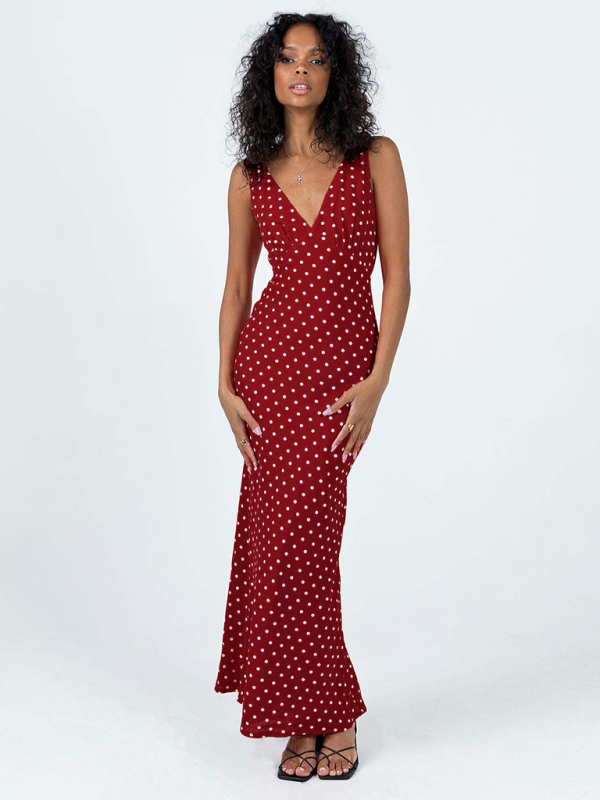 Mature Women Spring And Summer Casual Polka Dot Suspender V-neck Maxi Dress