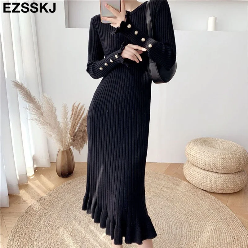 Ezsskj autumn winter thick mermaid maxi sweater dress women o-neck long sweater dress elegant female a-line slim sexy knit dress