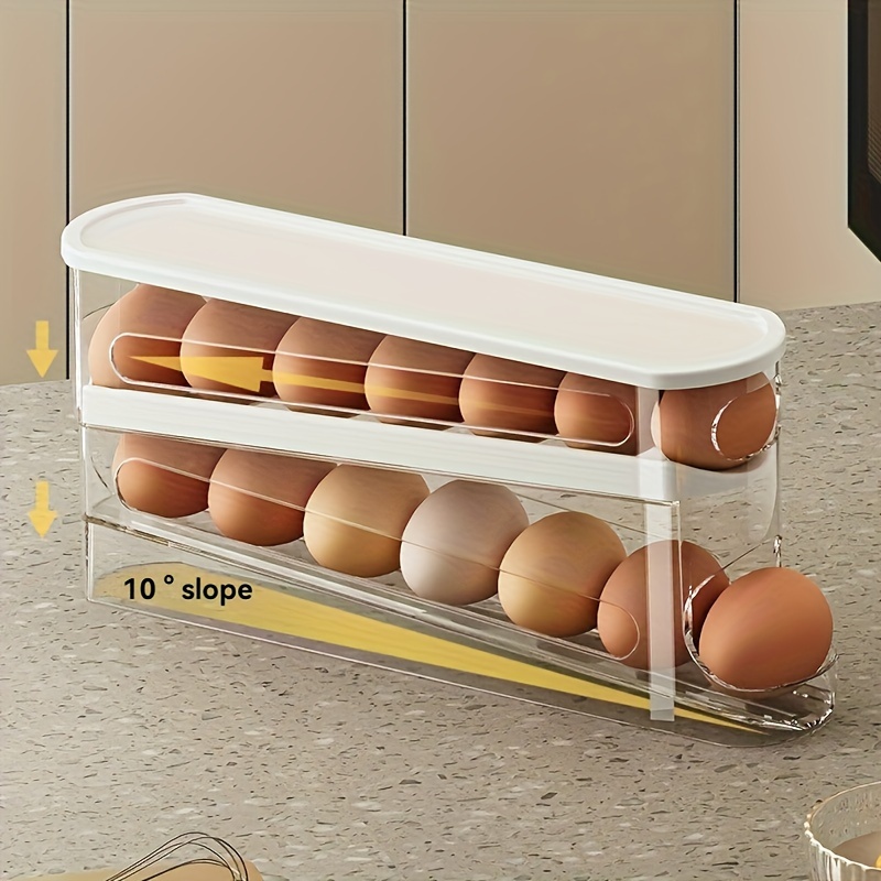 1 durable rolling egg storage box - Space saving, battery-free, essential kitchen accessory for refrigerator side door, durable plastic storage box for fresh eggs, 14\u002F18 capacity
