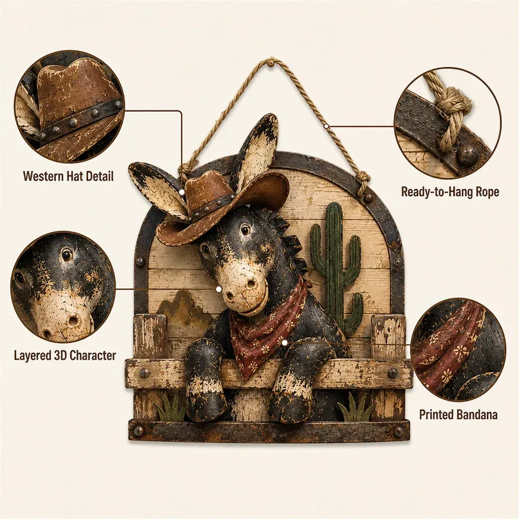 Cowboy donkey wall hanging detail callouts Cowboy donkey wall hanging detail callouts