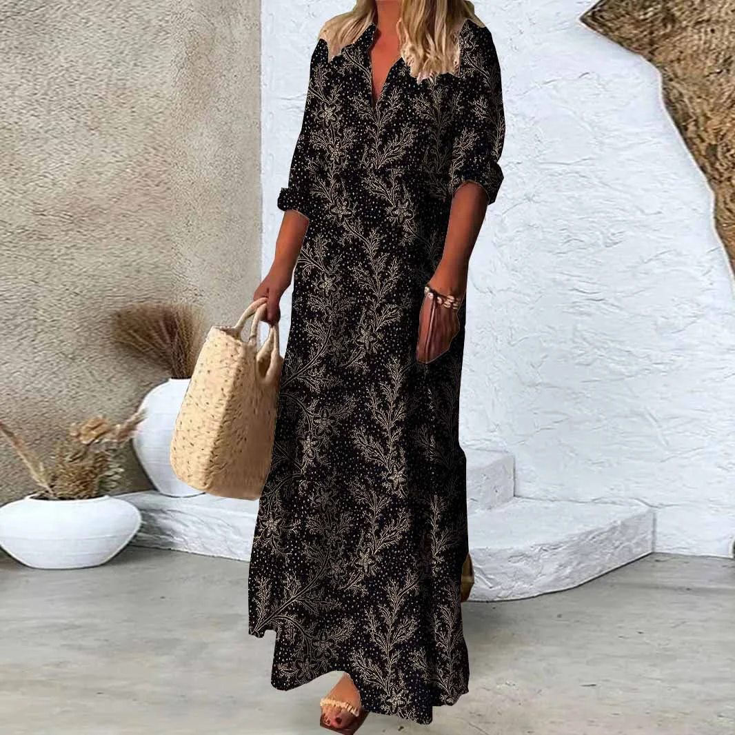 Women Leaf, Black, Gold DZDN0503 SPU Printed Long Sleeve V-neck Maxi Dress