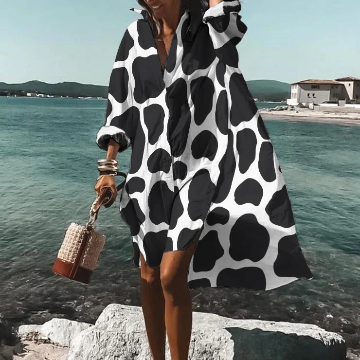 Printed Loose Resort Shirt Midi Dress