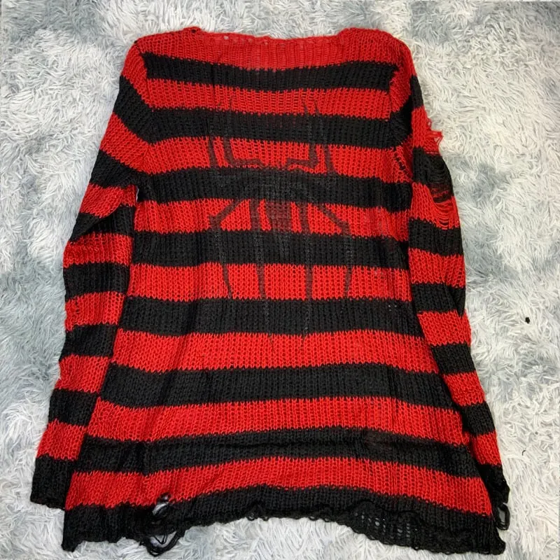 Plus Size Punk Gothic Long Unisex Sweater Dress Women Man Striped Cool Hollow Out Hole Broken Jumper Loose Rock Thin Sweter 2021