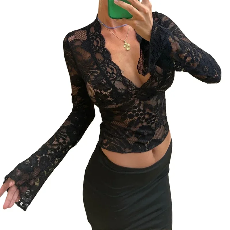 Women Sexy See Through Deep V Neck Flared Long Sleeve Aesthetic Lace T-Shirt 