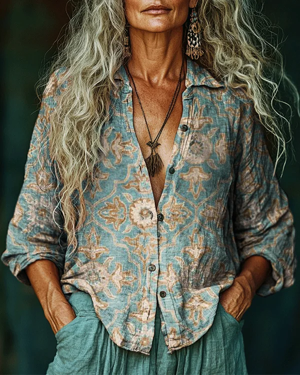 Women's Vintage Southwestern Print Casual Western Shirt