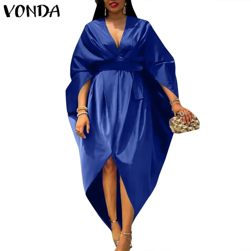 Summer Deep V Neck Party Dress VONDA Women Sexy  Irregular Hem Solid Party Dresses 2022 Bohemian Casual Vestidos Kaftan Robe
