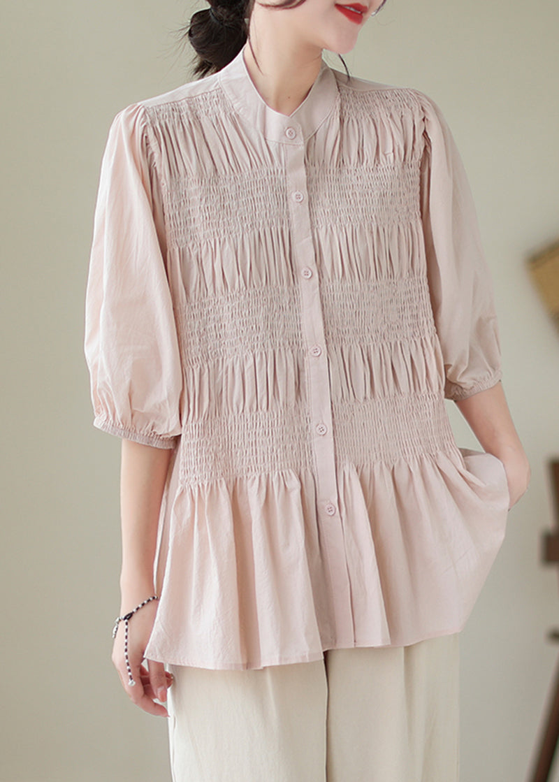 VCSHOES Pink Stand Collar Wrinkled Cotton Shirt Top Half Sleeve