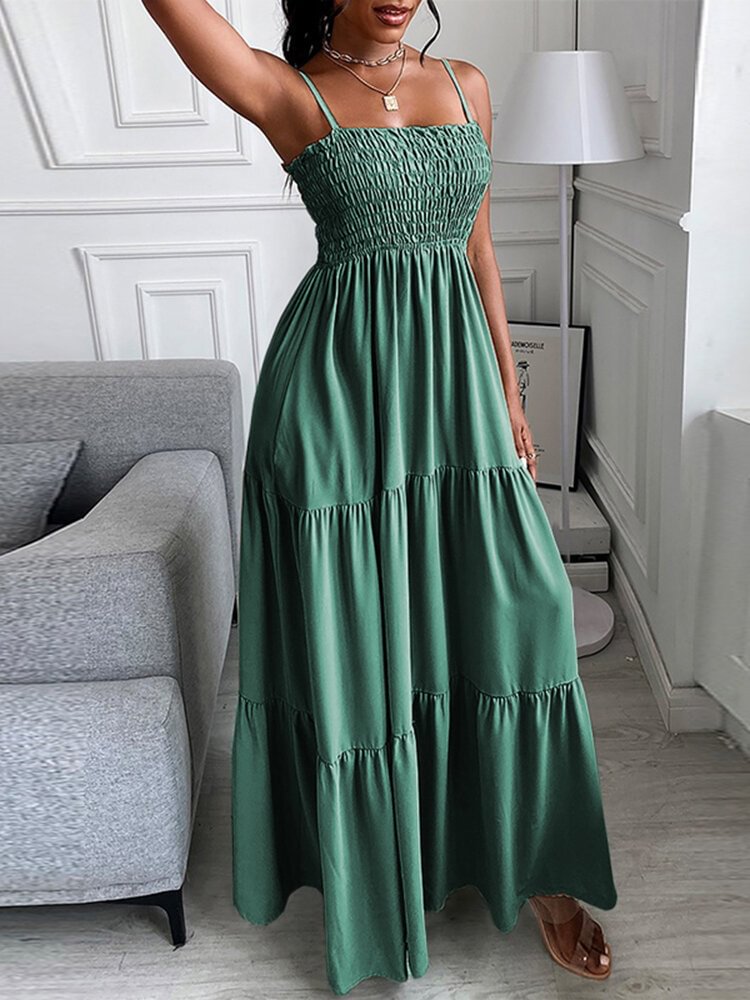 Women Solid Shirred Spaghetti Strap Swing Maxi Dress - Shop Trendy Women's Clothing | LoverChic
