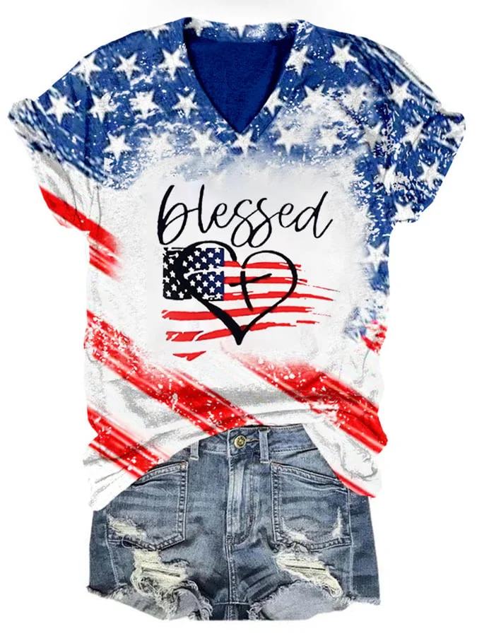 Women's Independence Day American Flag Faith Blessed Cross Print V-Neck Casual T-Shirt socialshop