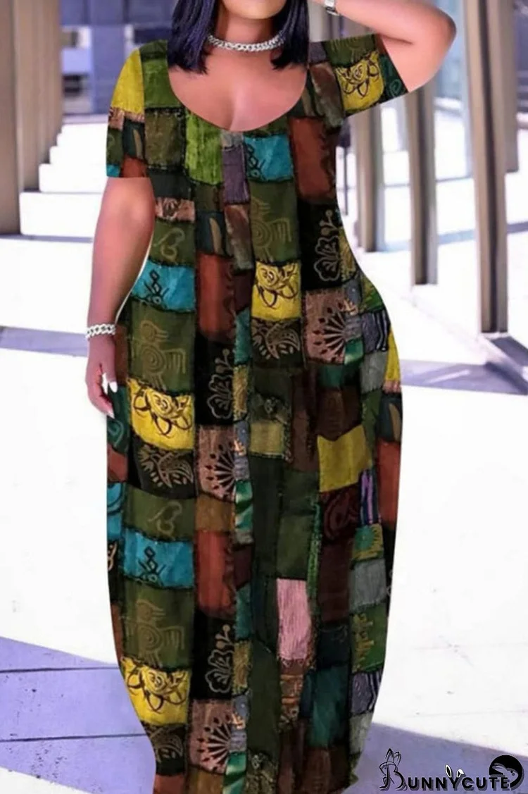 Multicolor Casual Street Print Patchwork U Neck Long Dress Dresses