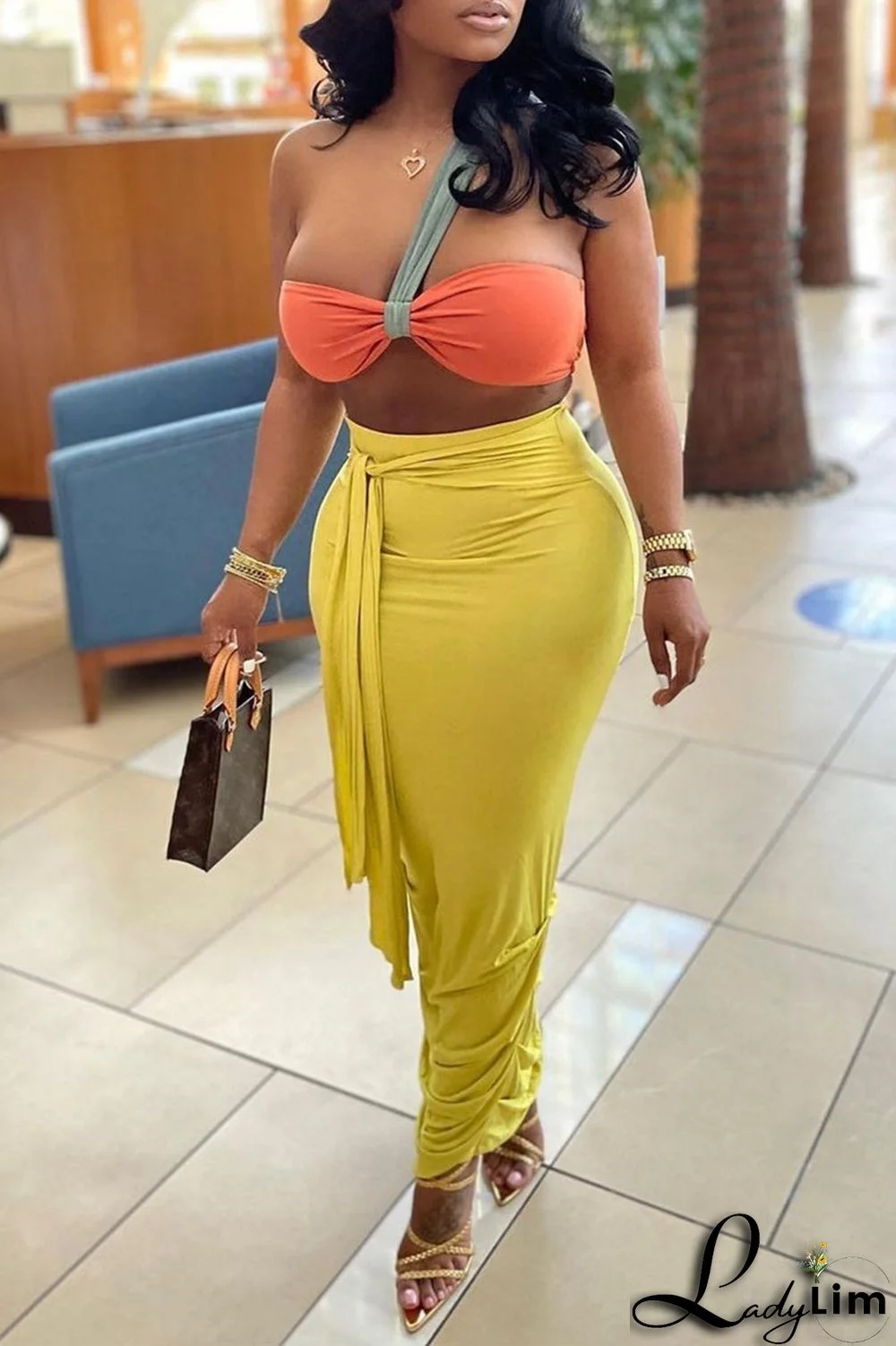 Orange Fashion Sexy Solid Split Joint Backless Strapless Sleeveless Two Pieces