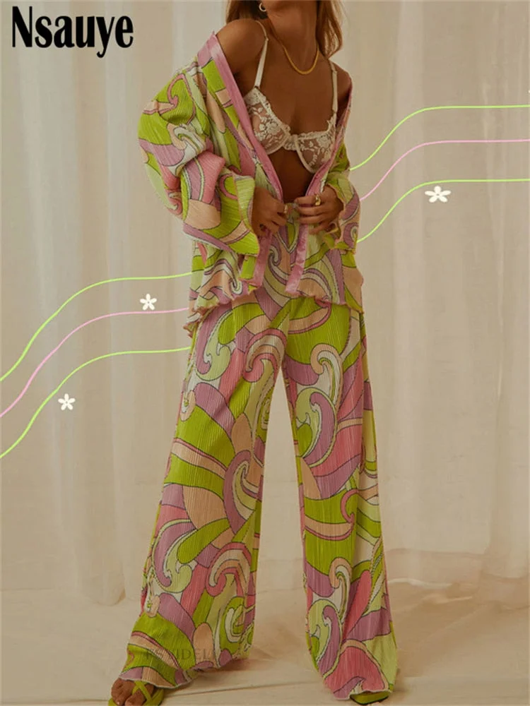Nsauye 2022 Y2K Tracksuit Women Loose Two Piece Set Pleated  Wide Leg Pants Summer Casual Long Sleeve Shirt Tops With Trousers