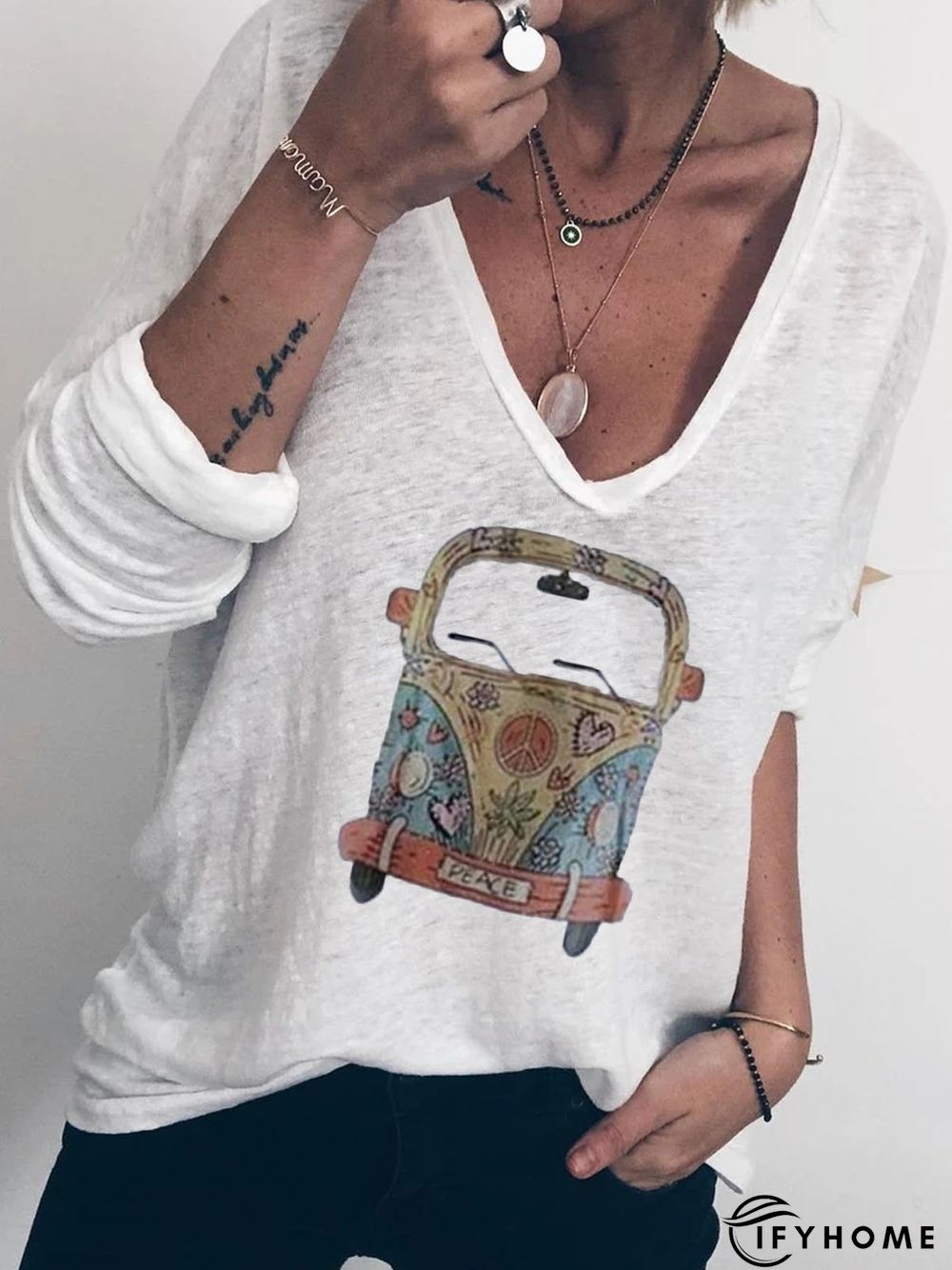 White Long Sleeve Printed T-shirt | IFYHOME