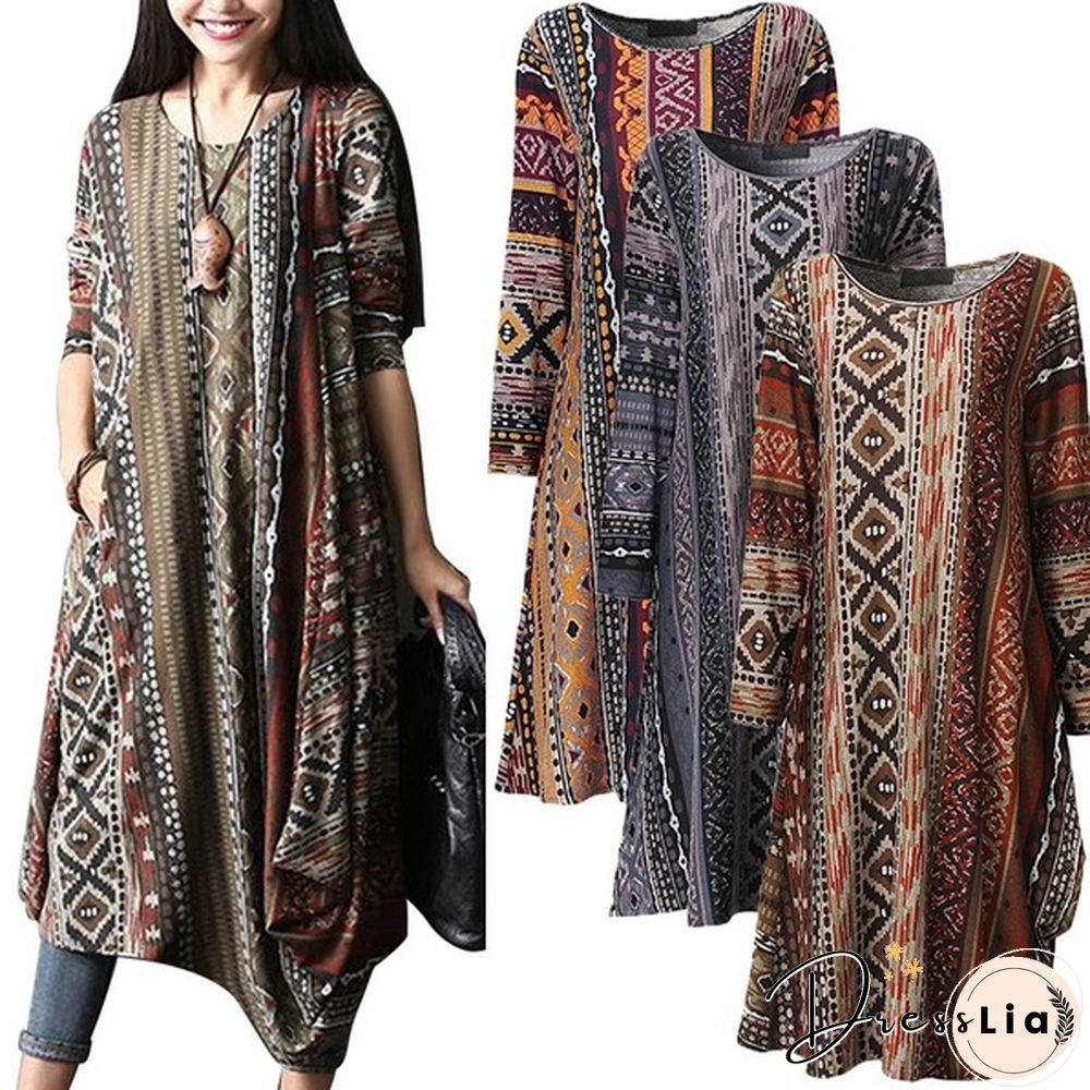 3 Colors Womens Vintage Boho Long Sleeve Floral Kaftan Baggy Maxi Dress Vestidos Plus Size S-5XL