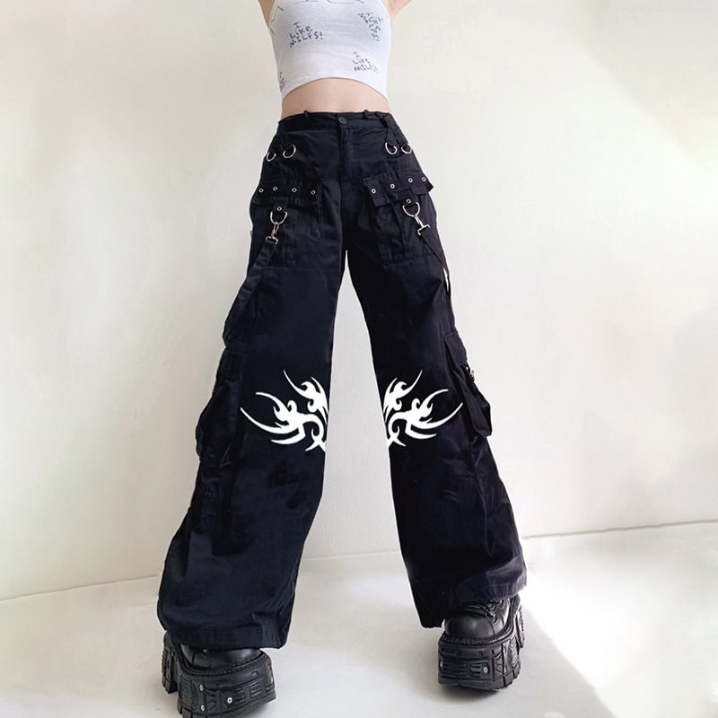 Winter Fashion Pants Low Waist Printed Multi-pocket Metal Strap Design Woven Bottoms
