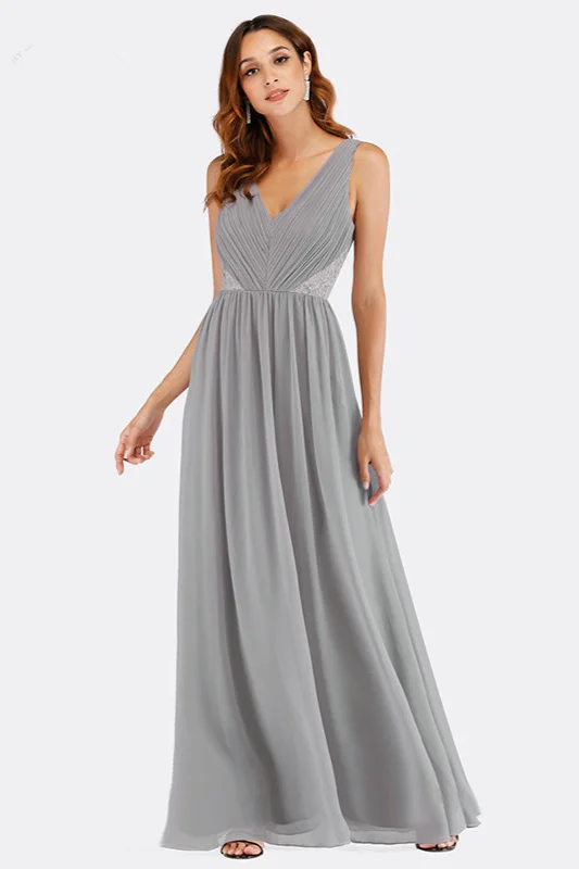 Elegant Grey V-Neck SleevelessChiffon Prom Dress Long With Lace - lulusllly