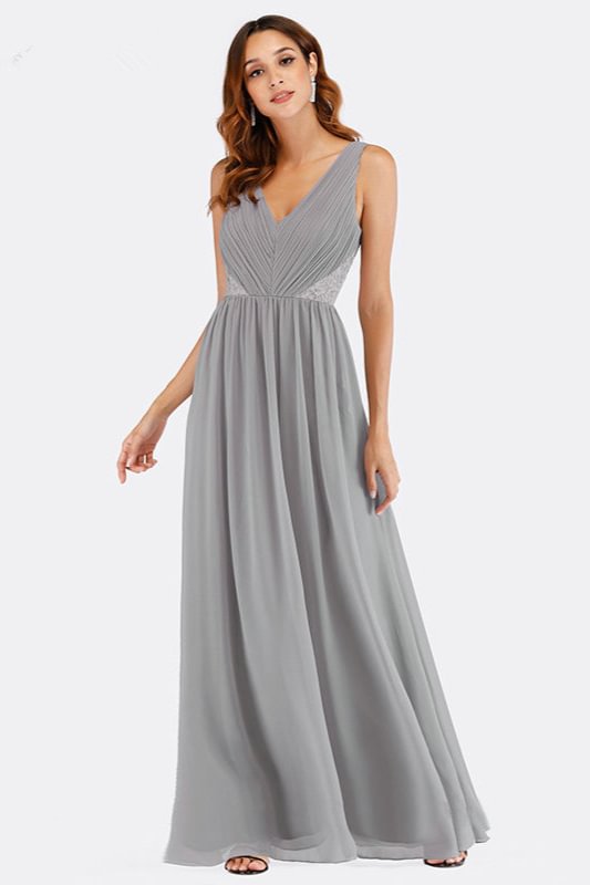 Elegant Grey V-Neck SleevelessChiffon Prom Dress Long With Lace - lulusllly