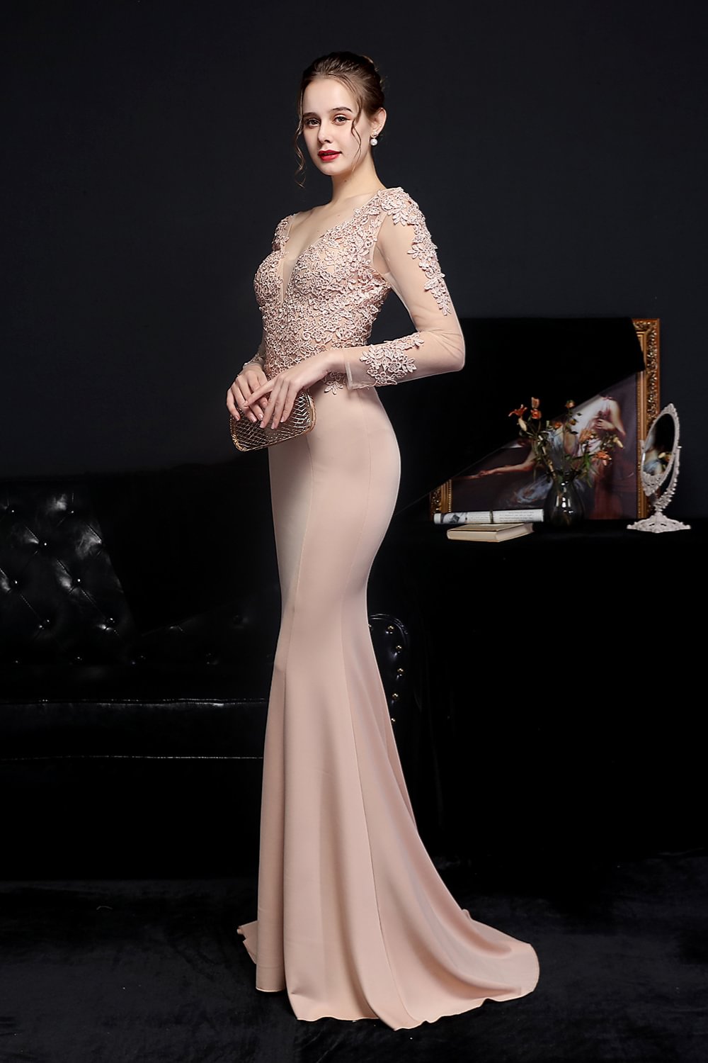 Bellasprom Long Sleeves Mermaid Evening Dress V-Neck With Lace ...