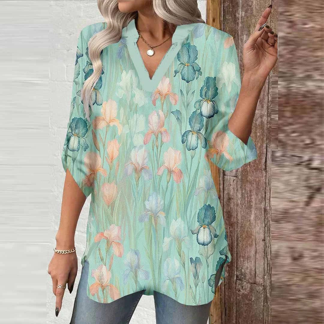 Women Flower Floral, Pink, Green DZGA0589 3/4 Sleeve V-neck Printed Graphic Button Tops