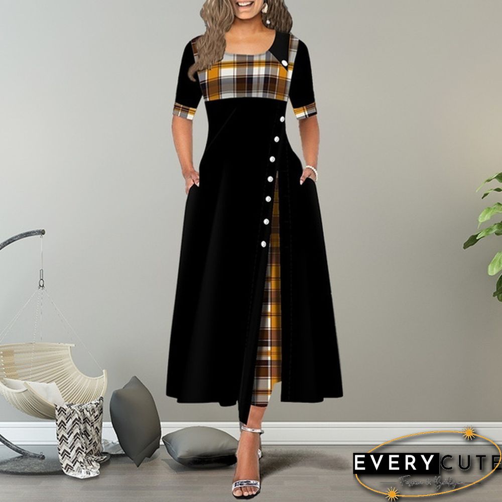 Women's Fashion Half Sleeve Elegant Long Dress Plaid Print Button Detail Maxi Dress Plus Size Xs-5Xl