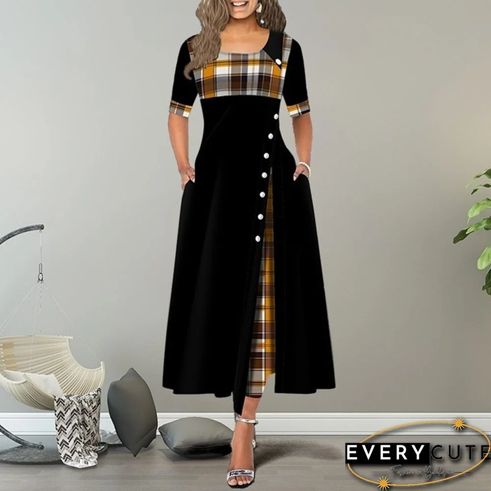 Women's Fashion Half Sleeve Elegant Long Dress Plaid Print Button Detail Maxi Dress Plus Size Xs-5Xl
