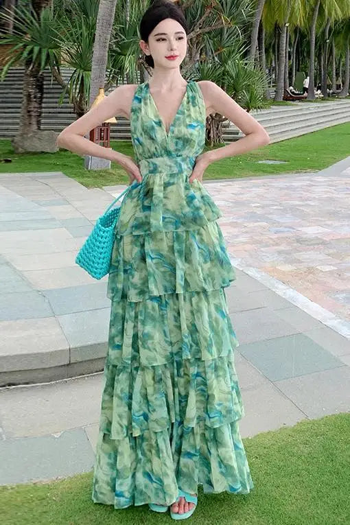 Aiertu Summer Green Tie Dye Sleeveless Halter Bandage Holiday Dress Women Temperament Slim Fashion Sweet Cake Long Dress 2023 Bohemian Aiertu