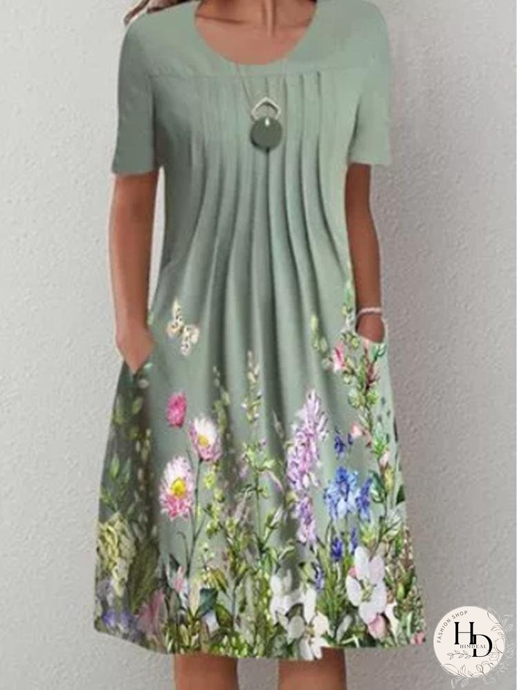 Casual Floral Round Neck Mid-length Straight Dress for Women