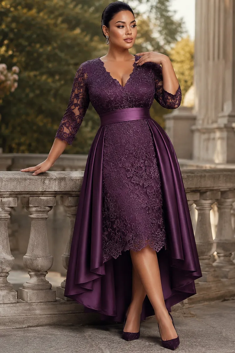 Xpluswear Design Plus Size Formal Satin Purple V Neck 3/4 Sleeve With&nbsp;Skirt&nbsp;Overlay&nbsp;Contrast Lace Mini Dresses [Pre-Order] 2024 - Xpluswear