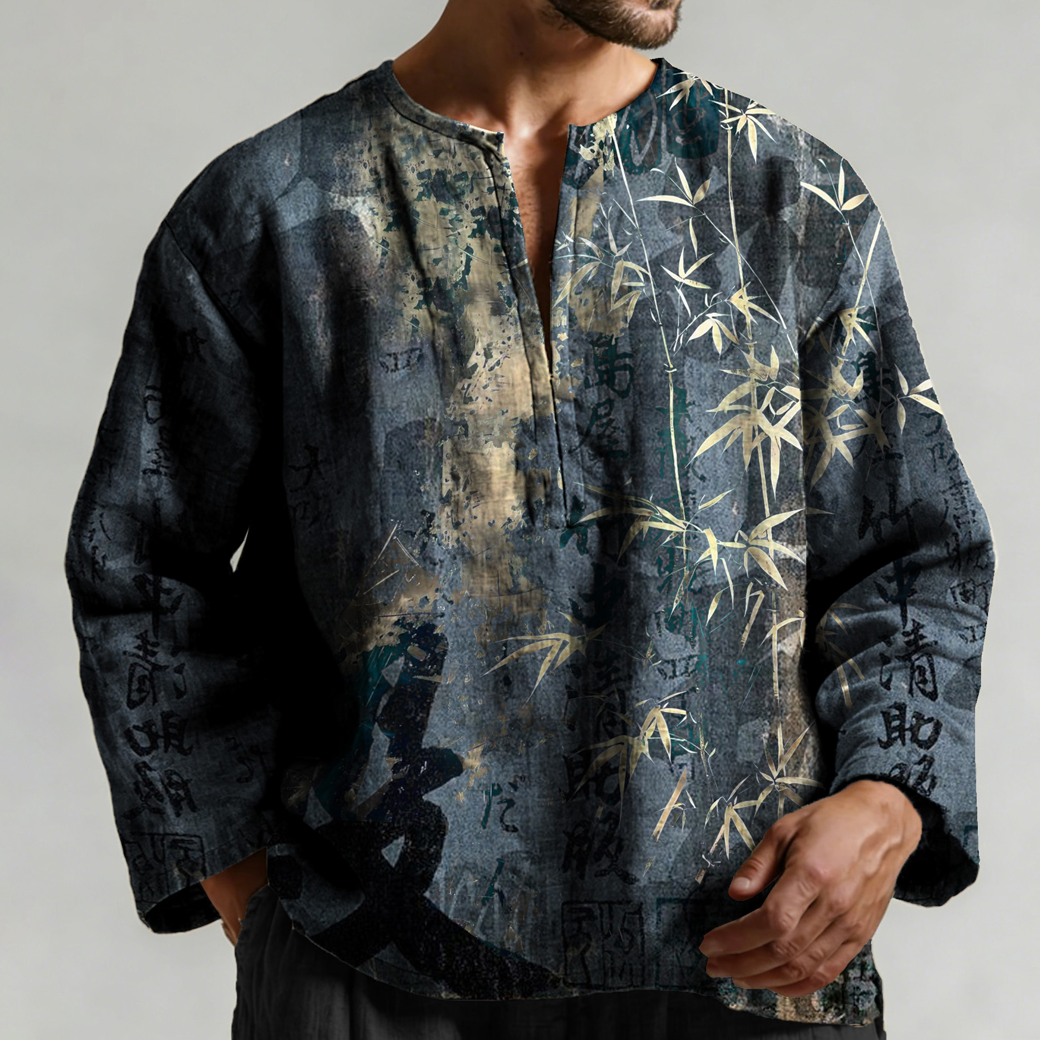 Retro Calligraphy With Bamboo Art Pattern Long Sleeve Linen Shirt  artssus