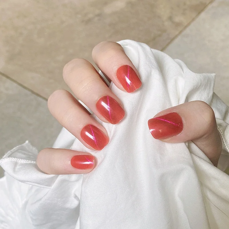 New Women Sweet Manicure Decorations Short Red Elegnet Fake Nail Tips with Glue Full Cover Fashion Simple Solid Color False Nail-Nail Inspo