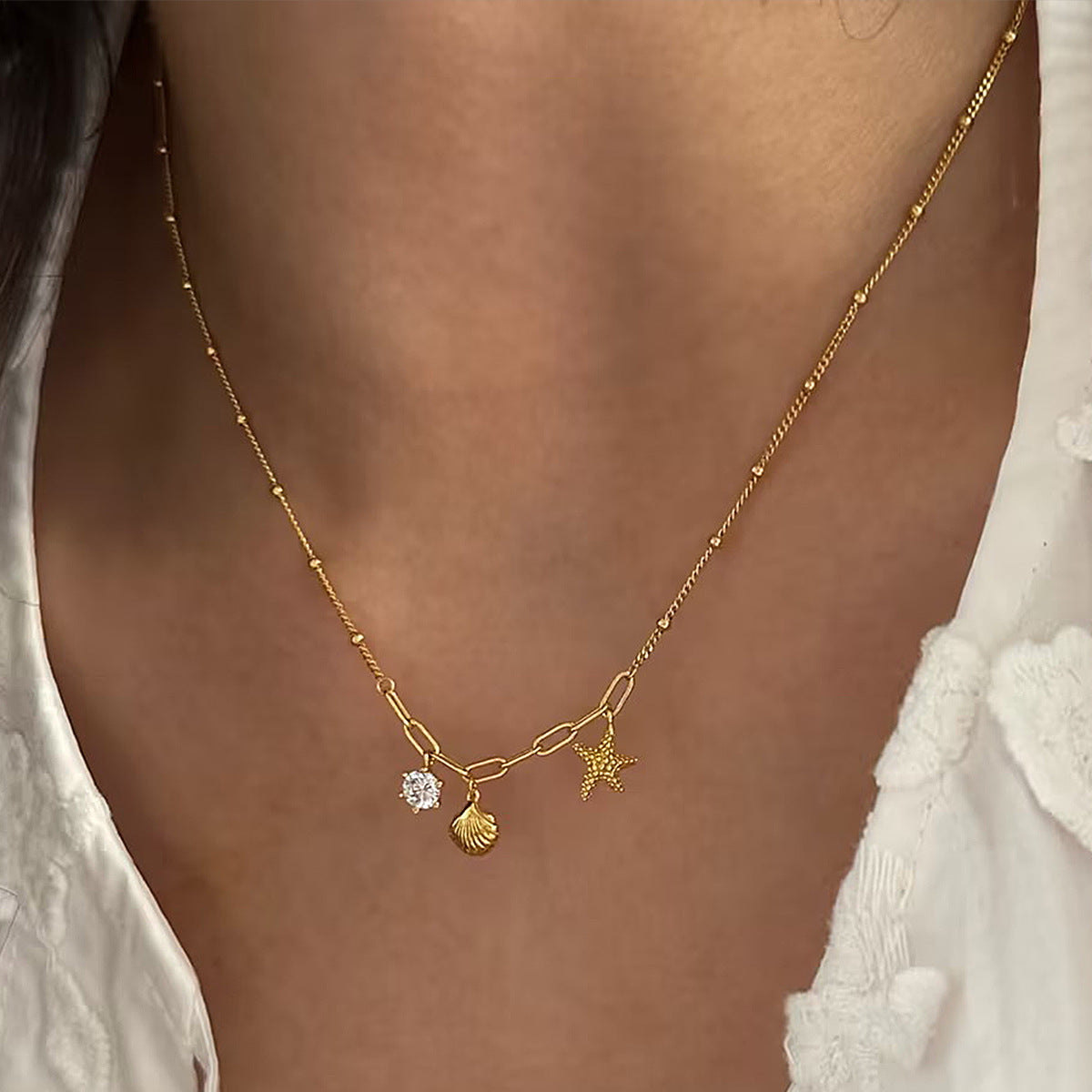 Stainless Steel Starfish Shell Zircon Pendant Necklace Niche Design Ocean Style Titanium Steel Clavicle Chain