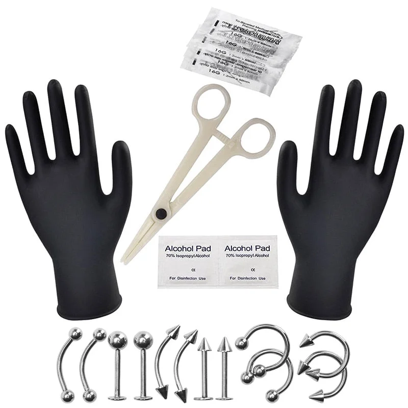 Body Piercing Kit With Needle Pack Nose Septum Belly Button Piercing Tool Kit Ear Tragus Nipple Eyebrow Labret Pircing Set Clamp