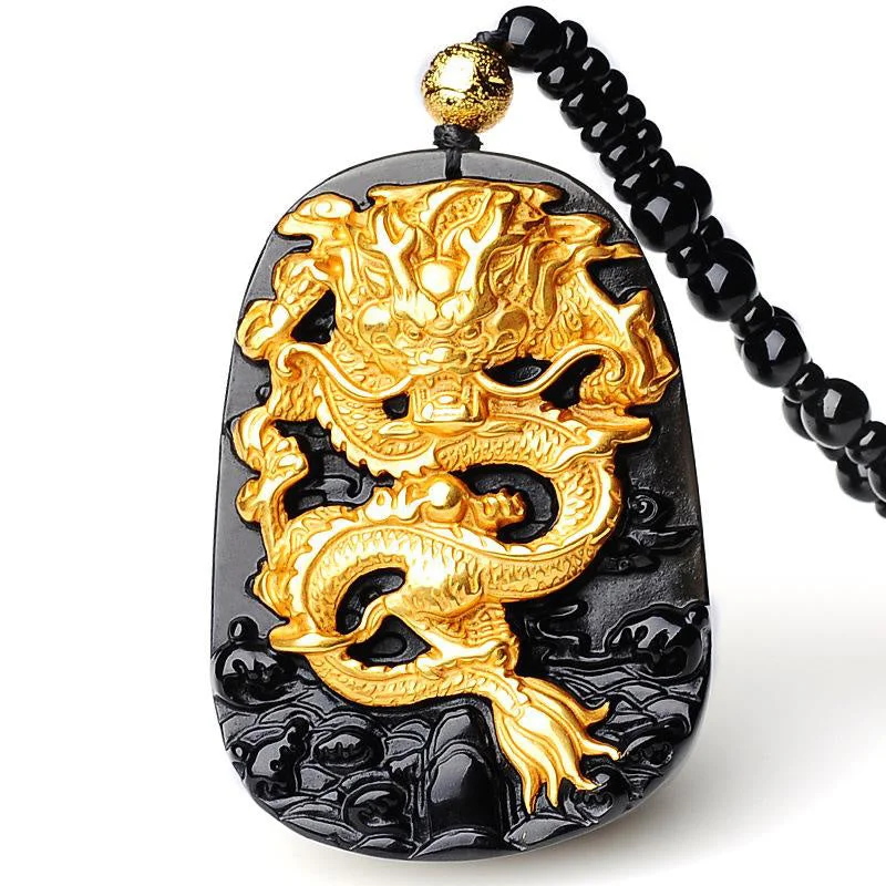 18k Gold-plated Dragon Obsidian Lucky Pendant Necklace