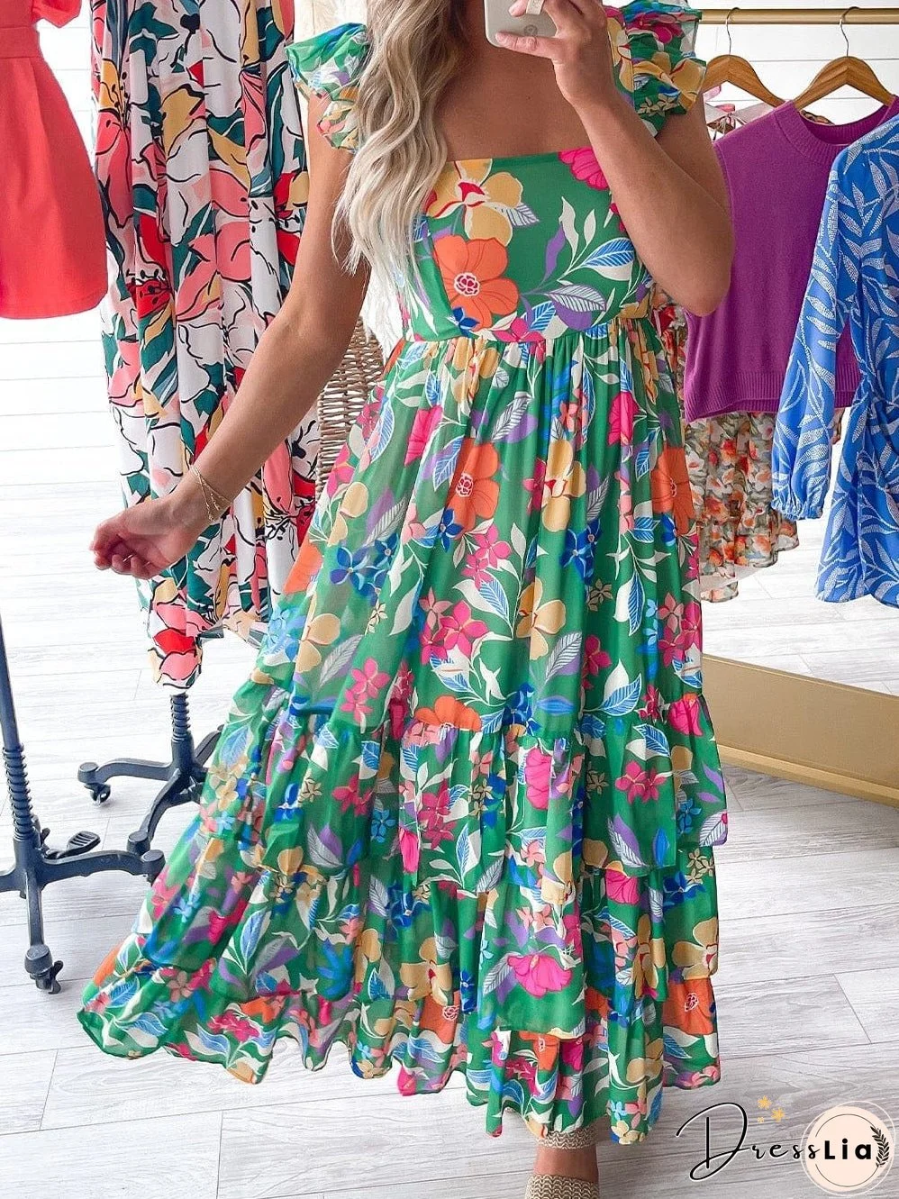 Green Floral Ruffle Maxi Dress with Flowy Shoulder Strap
