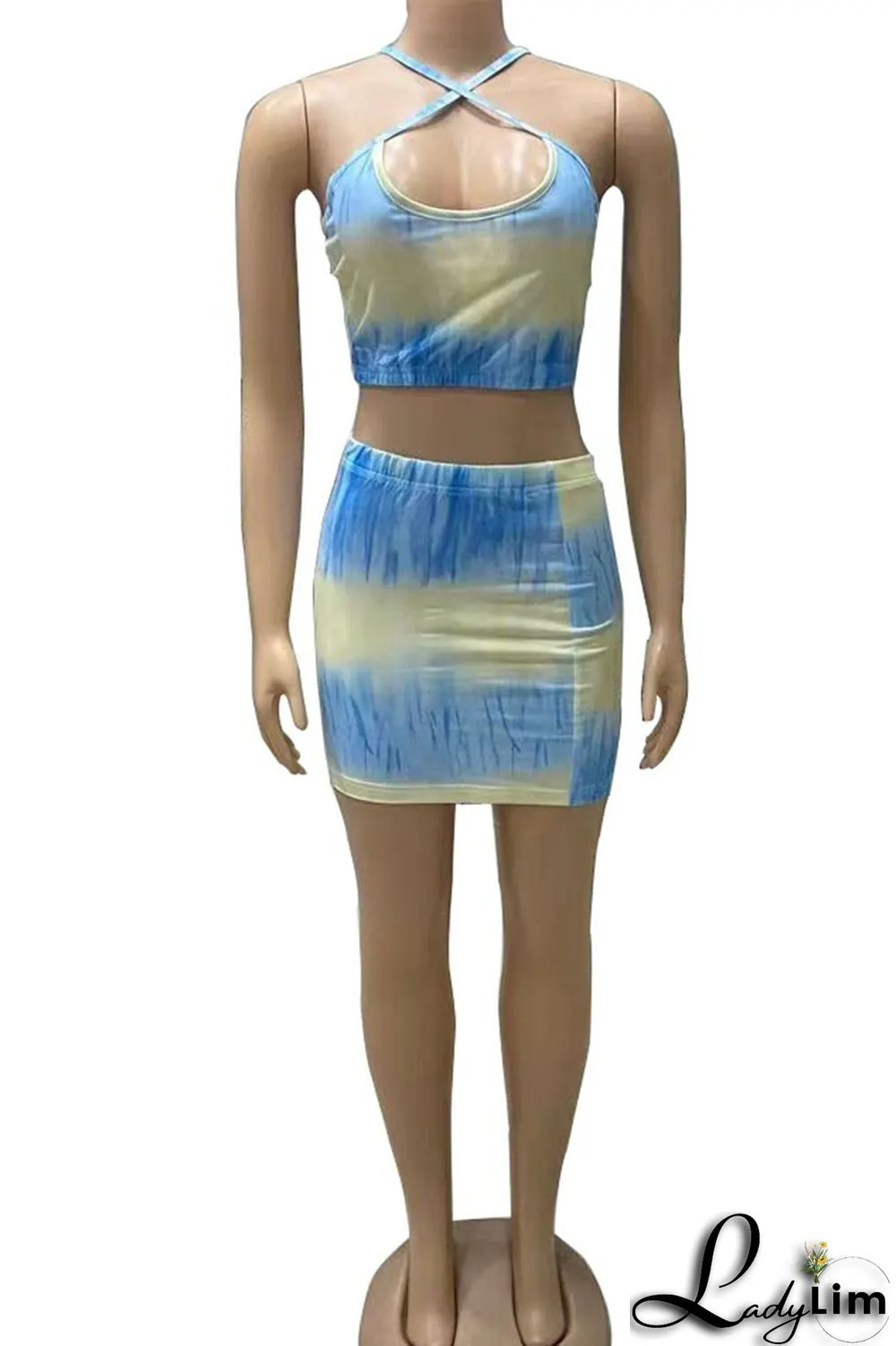 Blue Sexy Print Patchwork Halter Sleeveless Two Pieces