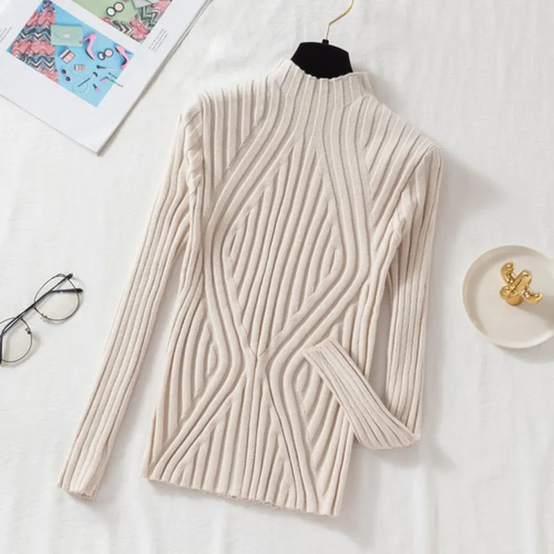 2021 Autumn Rainbow Slim Solid Sweater Tops Pullover Knitted Sweater Women Casual Long Sleeve Office Lady Jumper Sweater 17041