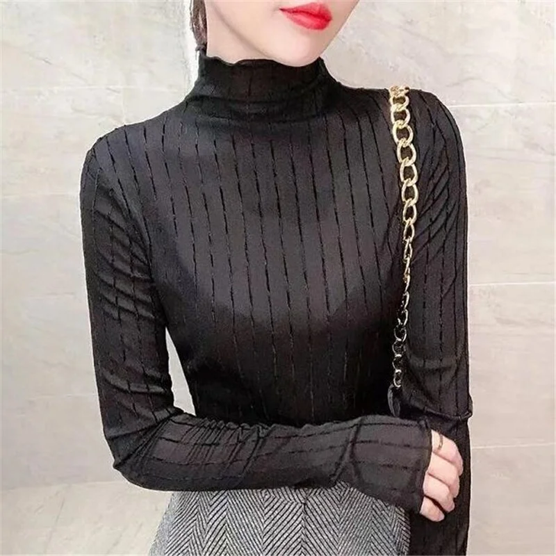 Fashion Women Tee Striped Elastic Top Semi-high Collar Ruffled Long-sleeved Bottoming Tshirt Autumn Pullover Thin Female T-shirt